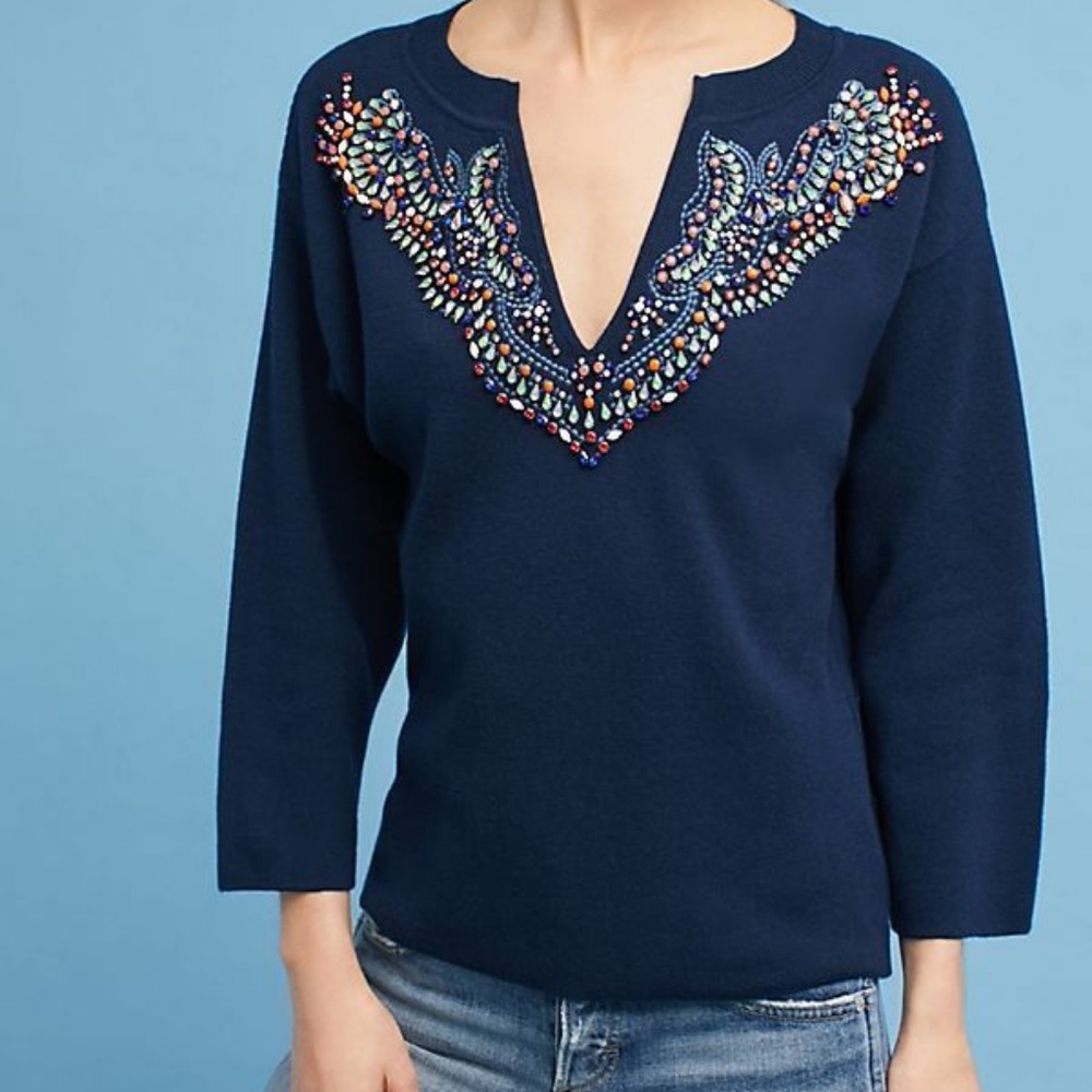 New M Anthropologie Beaded Moth Pullover sweater
